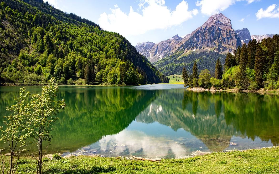 durante o dia, montanhas verdes refletindo em lago de umas cidades da suíça