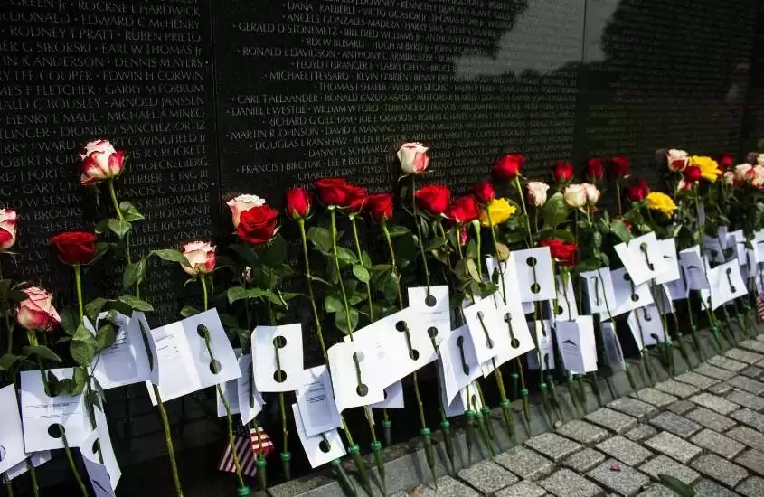 durante o dia, diversas rosas em frente a parede preta de memorial