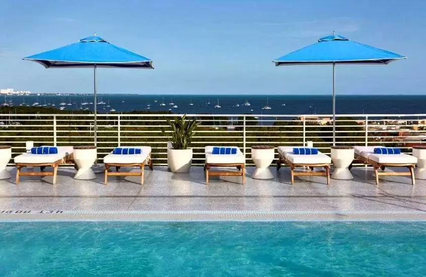 durante o dia, espreguiçadeiras brancas e guarda-sóis azuis em frente a piscina com vista para o mar