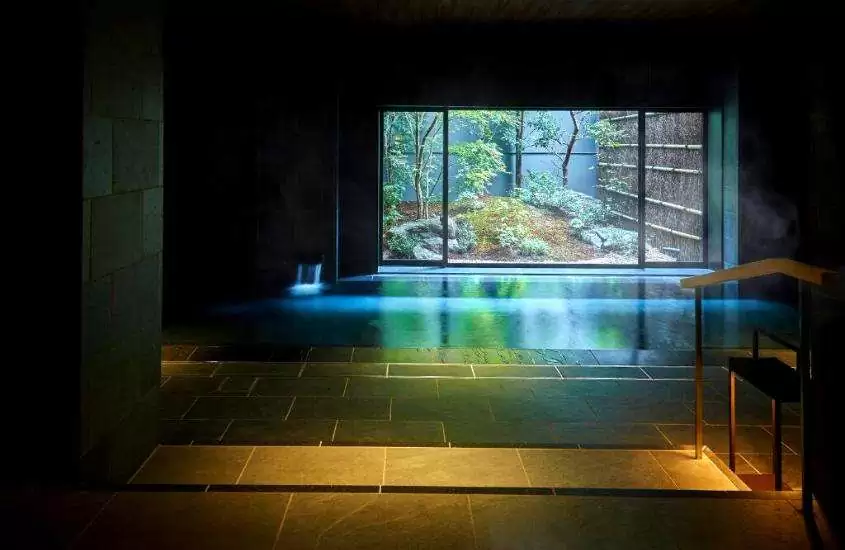 durante o dia, piscina coberta com vista para jardim em um ryokan
