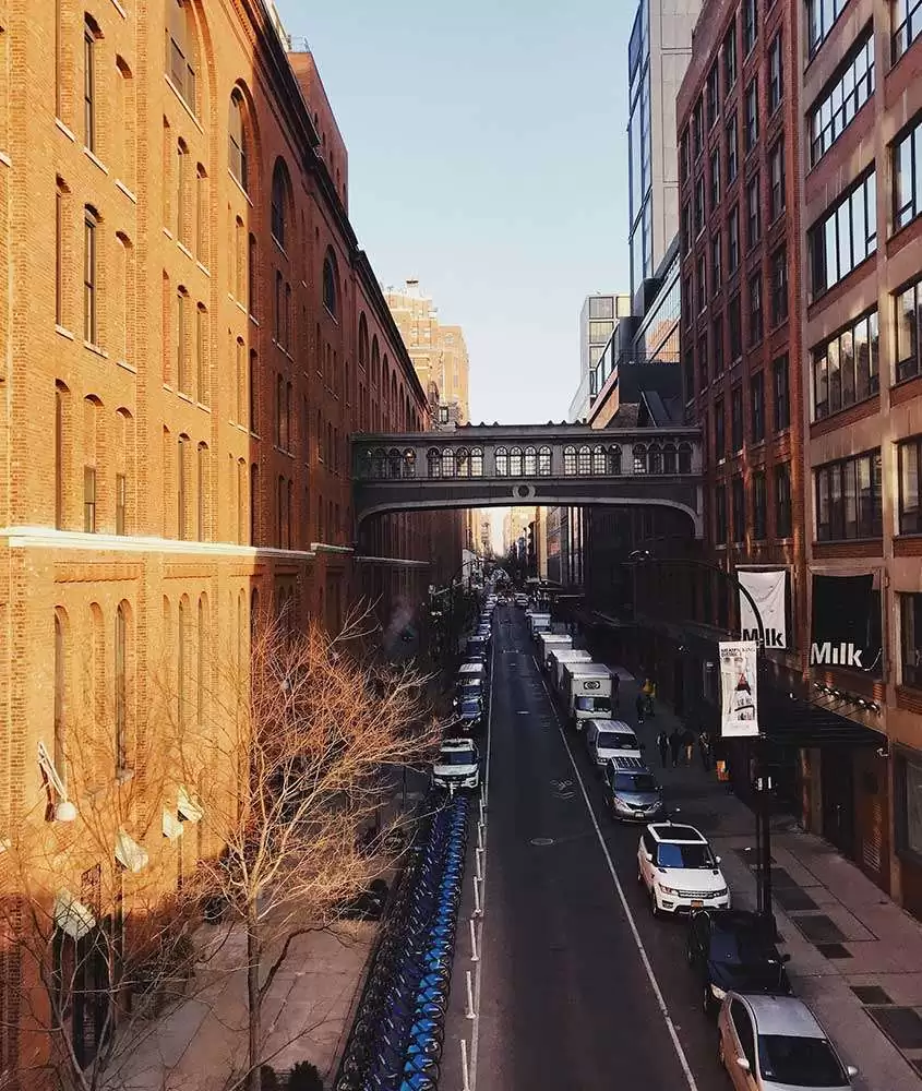 Em um dia de sol, The High Line com prédios do lado e rua embaixo