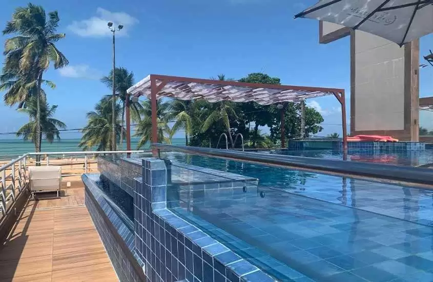 durante dia ensolarado, piscina ao ar livre em cobertura de hotel com vista para o mar