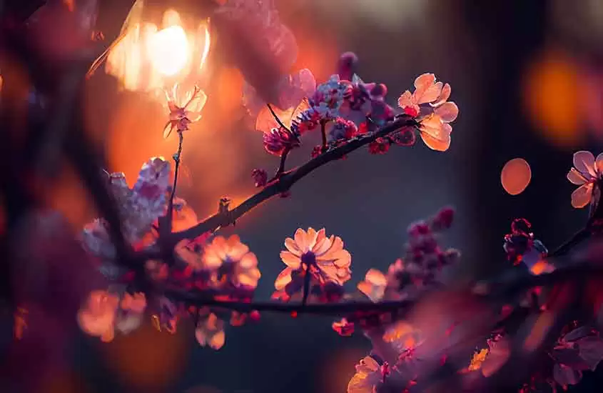 flores rosas iluminadas por luz amarela durante a primavera, melhor época para ir ao japão