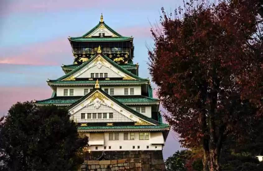 durante entardecer, árvores em frente a castelo branco, com telhados verdes, que é um dos pontos turísticos de Osaka