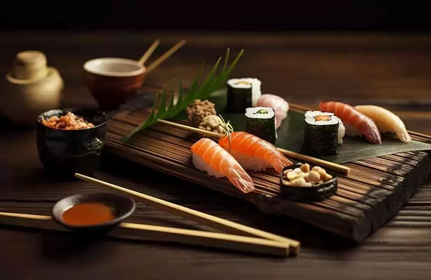 Peças de sushi de diferentes tipos, apresentados em uma tábua de madeira com um fundo escuro