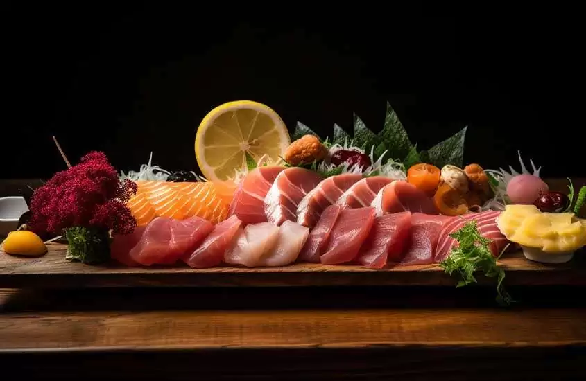 Sashimi de peixe cru, fatias de frutas e legumes servidos em uma tábua de madeira