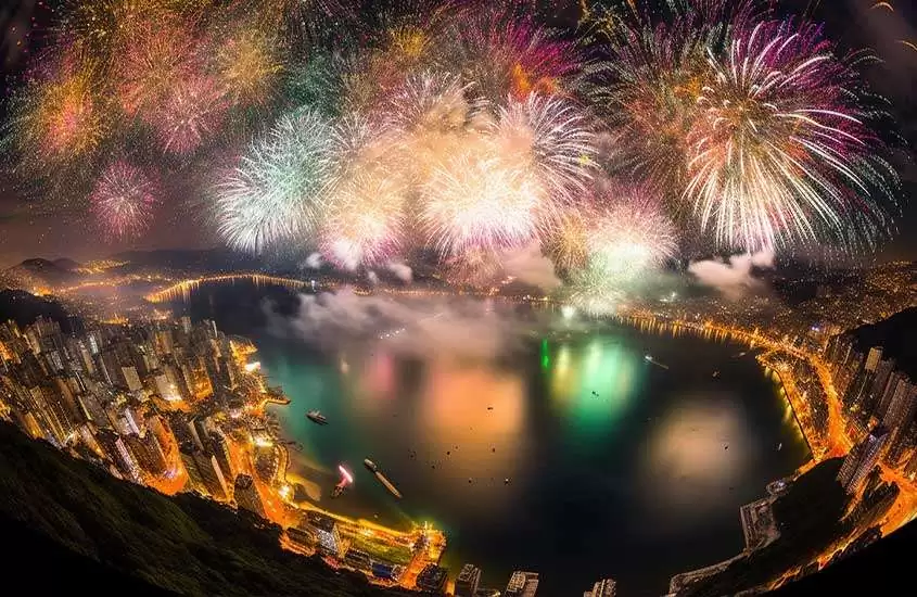 vista aérea de prédios às margens de mar e fogos de artifício iluminando o céu em noite de ano novo no rio de janeiro.