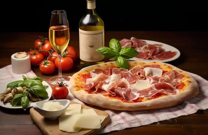 Uma taça de vidro com vinho branco, uma garrafa de vinho branco, tomates, queijos, pizza e presunto fatiado elegantemente dispostos em uma mesa de madeira