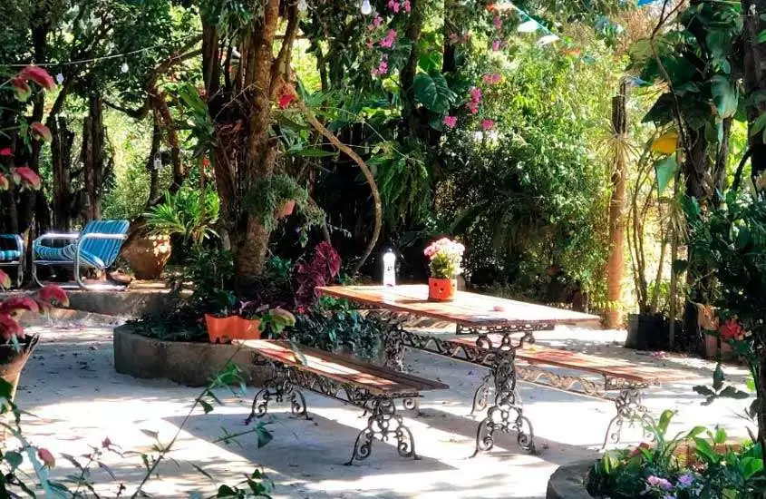 quintal de pousada com mesa de madeira e ferro com arranjo laranja, cadeiras e vegetação em volta