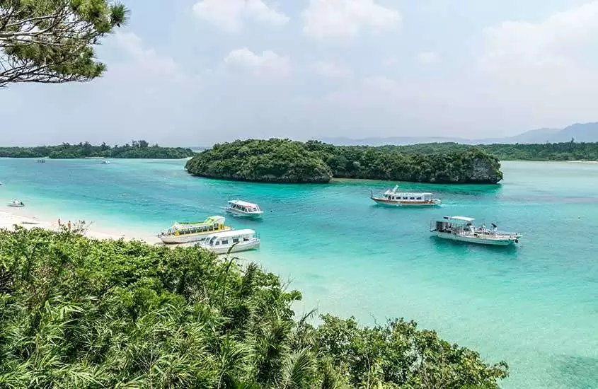 Em dia de sol, vista aérea de mar azul com alguns barcos, ilha no meio e árvores atrás