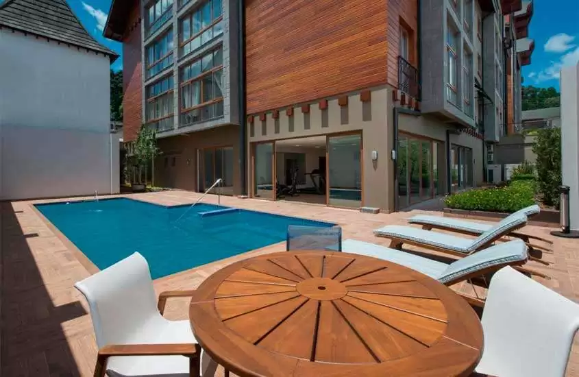 Durante o dia, mesas, cadeiras, espreguiçadeiras e plantas em frente a piscina externa de um dos hotéis em Gramado que aceitam pet
