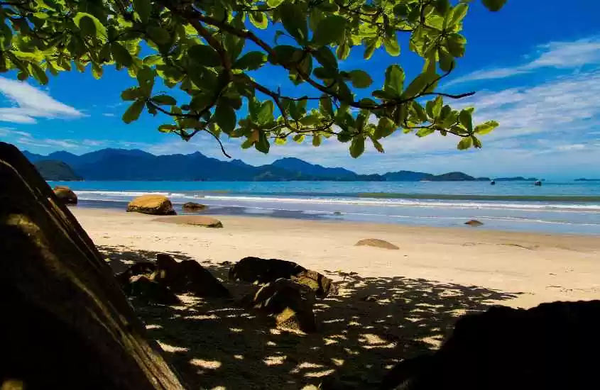 Em um dia de sol, praia de Ubatuba, um dos lugares tranquilos para passar o ano novo com árvores e pedras ao redor