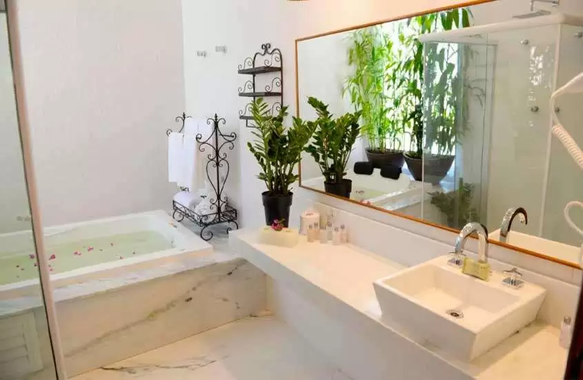 Banheiro com banheira, toalhas, plantas decorativas, box, pia e amenities