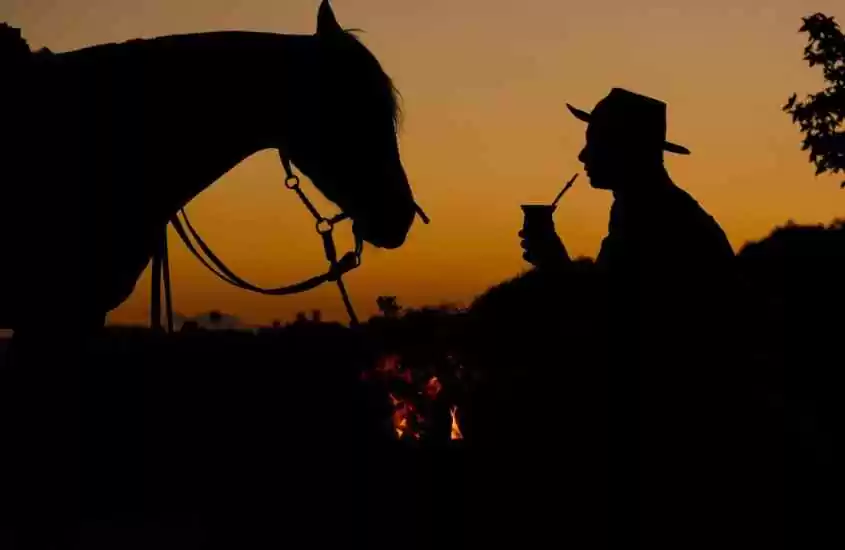 Durante o anoitecer, homem tomando chimarrão com cavalo na frente, fogueira e vegetação no fundo