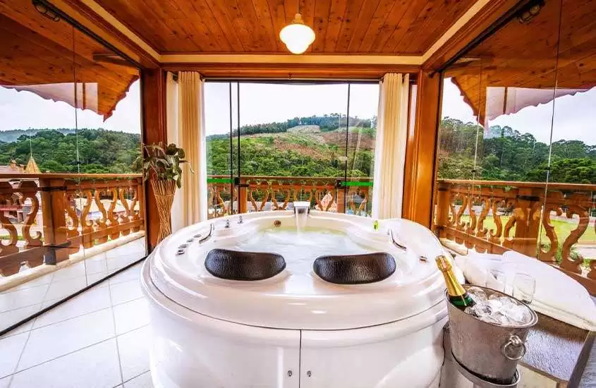 Área de banheira com balde de champagne, toalhas, janelas grandes, plantas decorativas e paisagem do horizonte