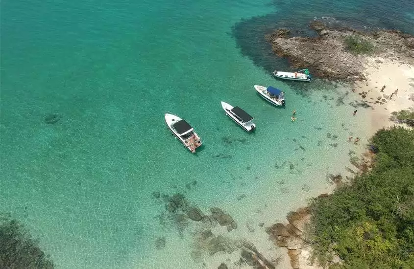 Vista aérea da praia de Angra dos Reis com árvores ao redor, pessoas e barcos no mar